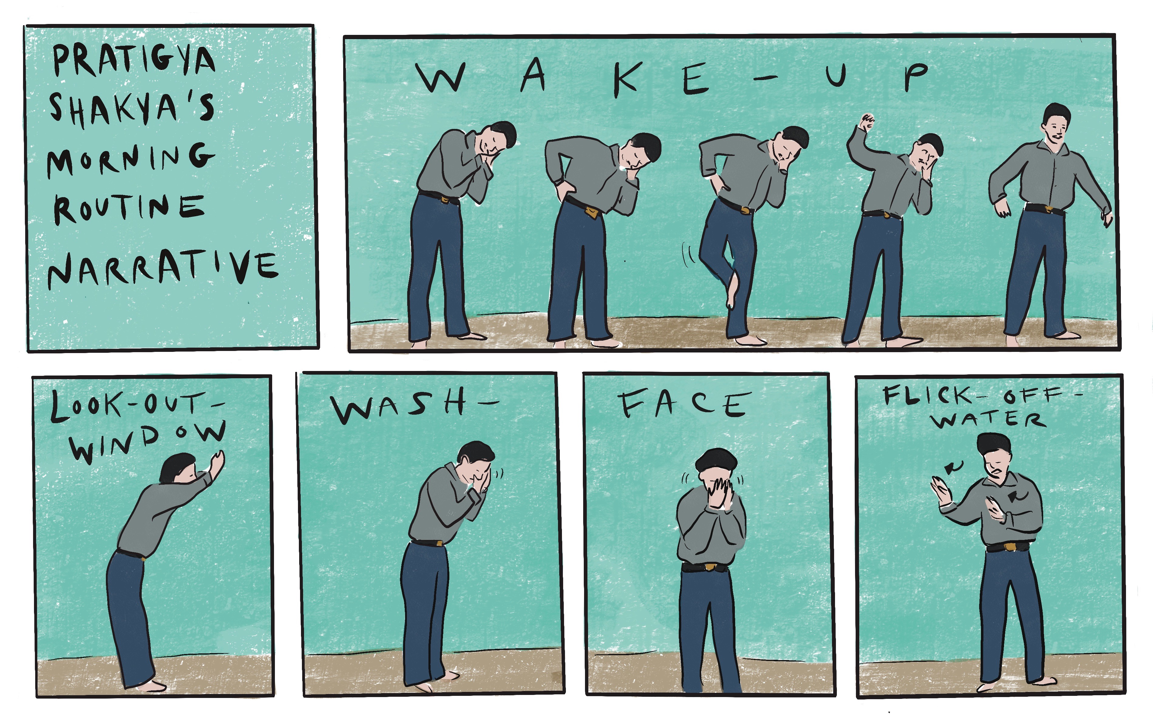 Figure 8. Pratiga Shakhya’s Morning Routine Narrative. Illustrations by the author.