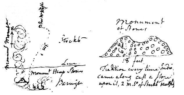 Image: Rev, Erza Stile’s 1762 sketch of Barrington / Stockbridge MA (Monument Mountain) stone cairn. Reprinted in “the Brush or Stone heaps of Southern New England” by Eva Butler