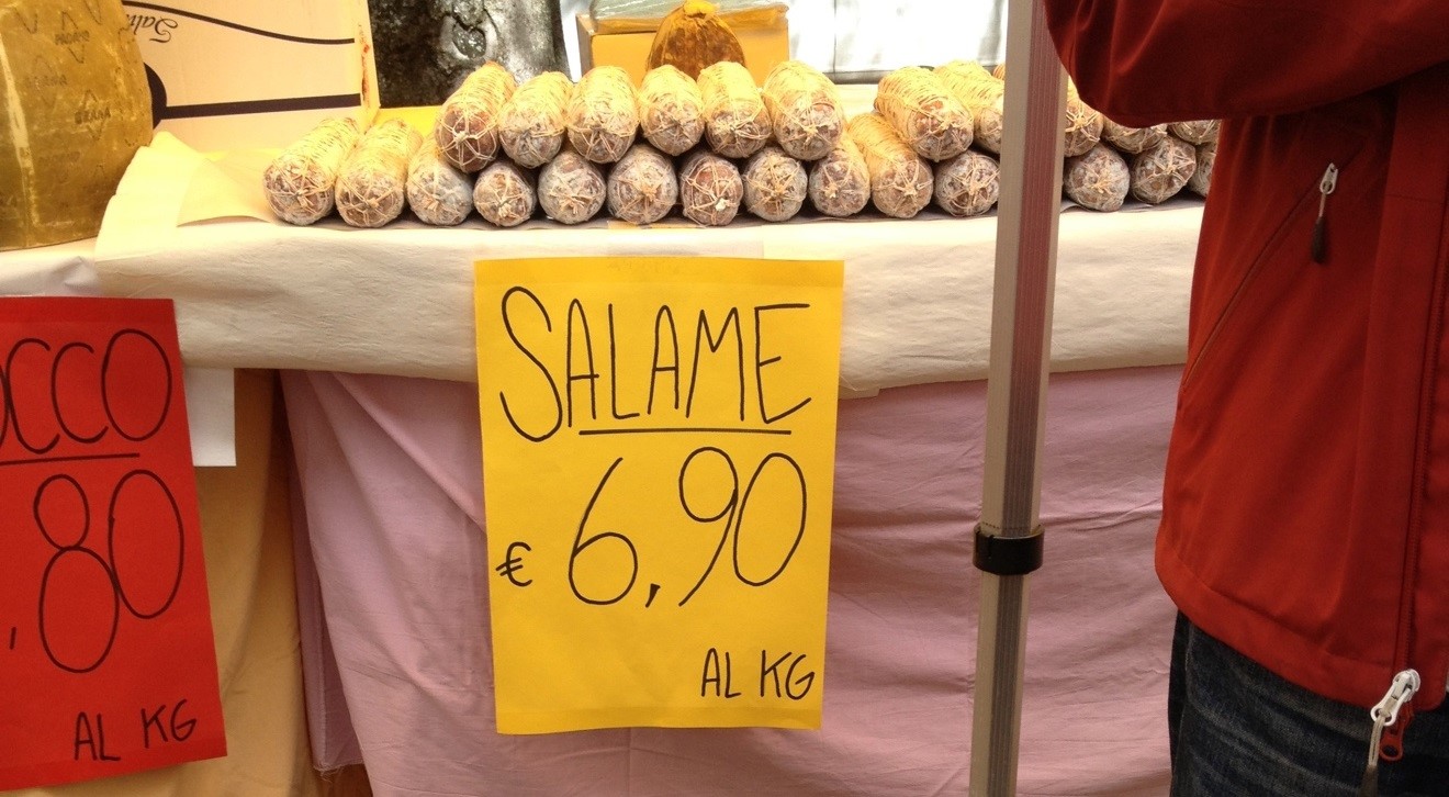 Salame from "Nowhere", handwritten sign at market