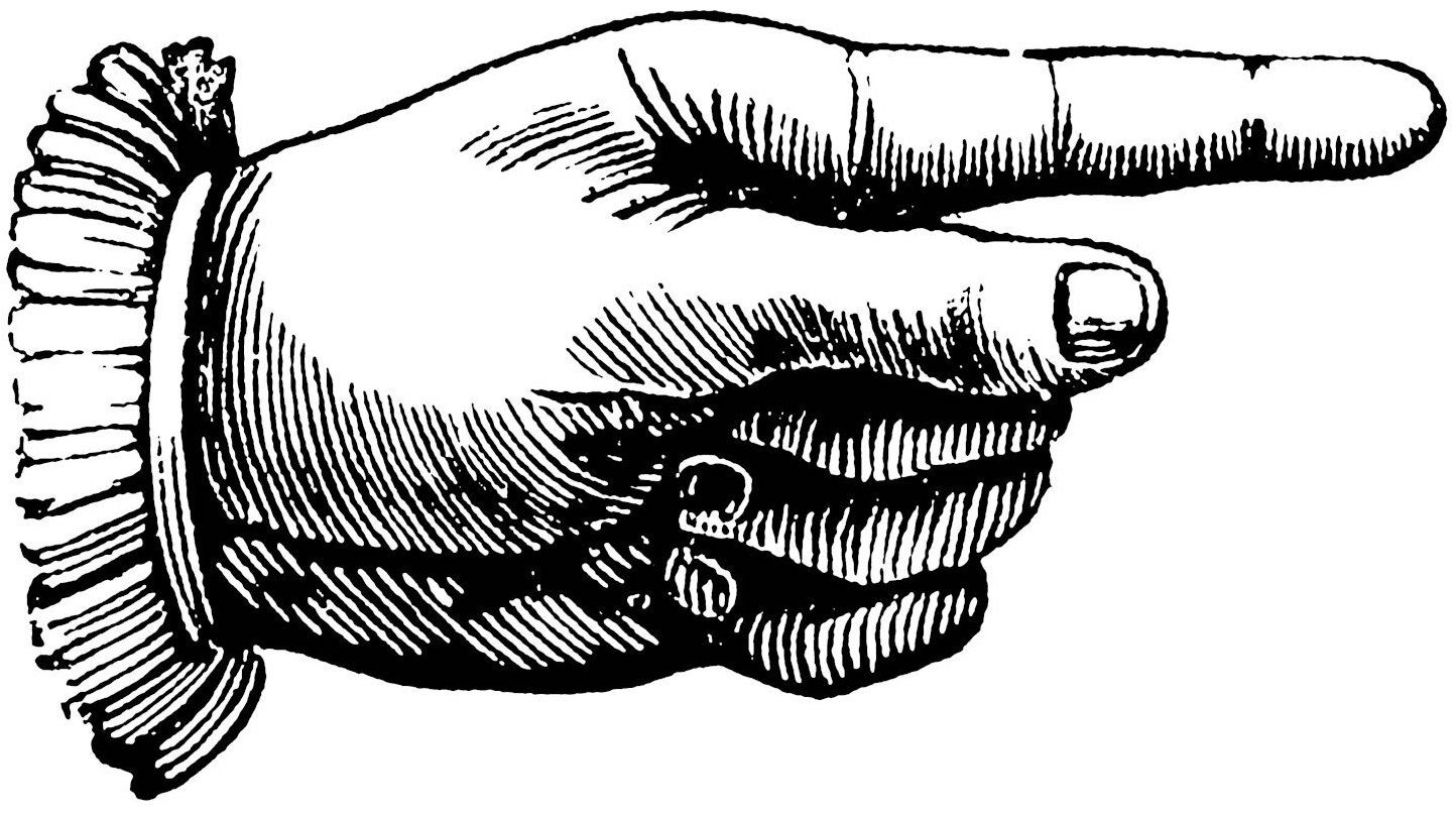 Engraving of a hand with index finger pointing to the right