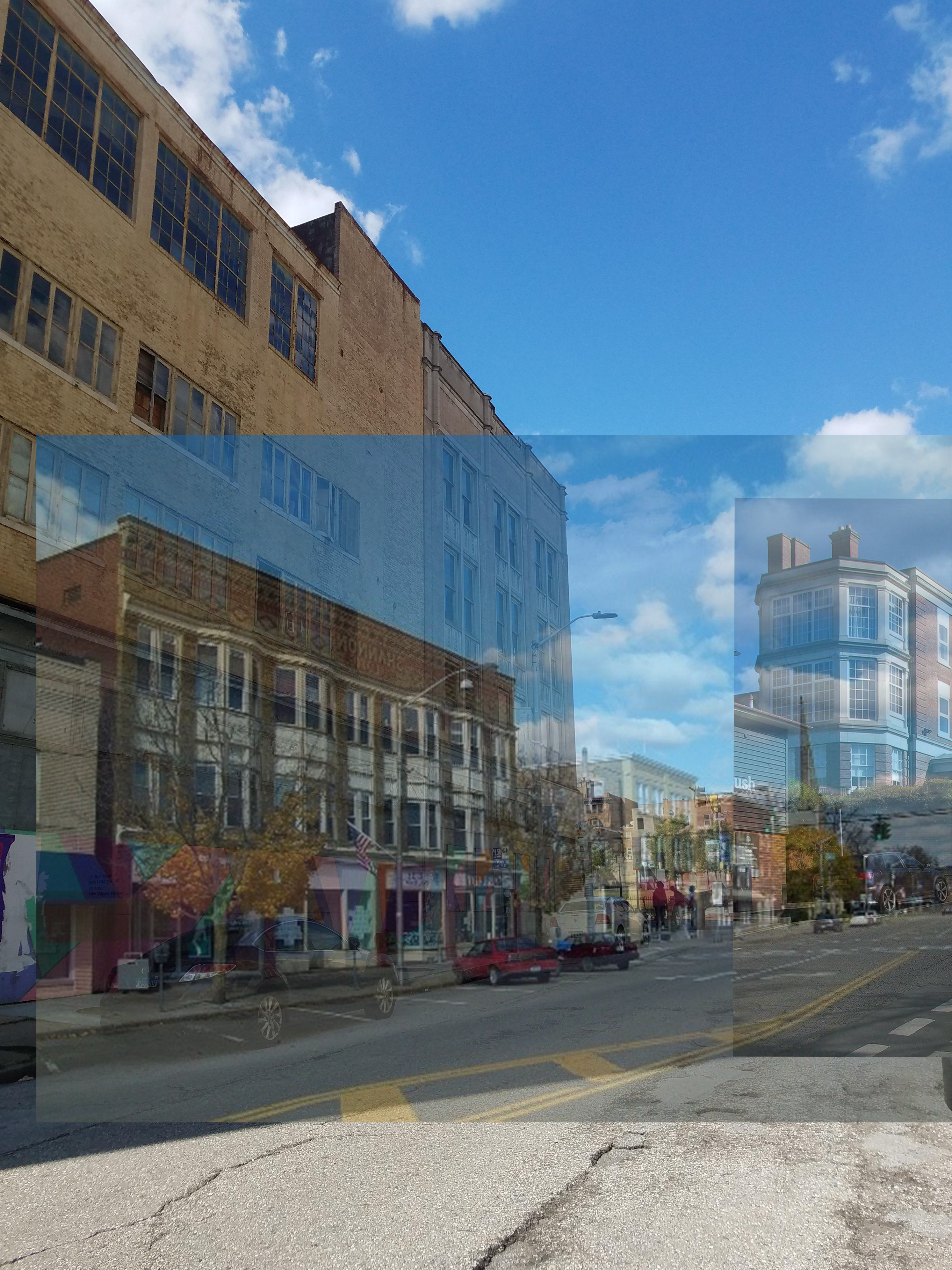 Figure 6. Park Avenue [Framing photo by author.  Overlay image #1 (reversed): https://en.wikipedia.org/wiki/Liberty_Street_Historic_District_(Bath,_New_York); - image in the public domain Overlay image #2: “Nottingham Women’s Hospital” by John Sutton. https://en.wikipedia.org/wiki/Nottingham_Women%27s_Hospital ] 