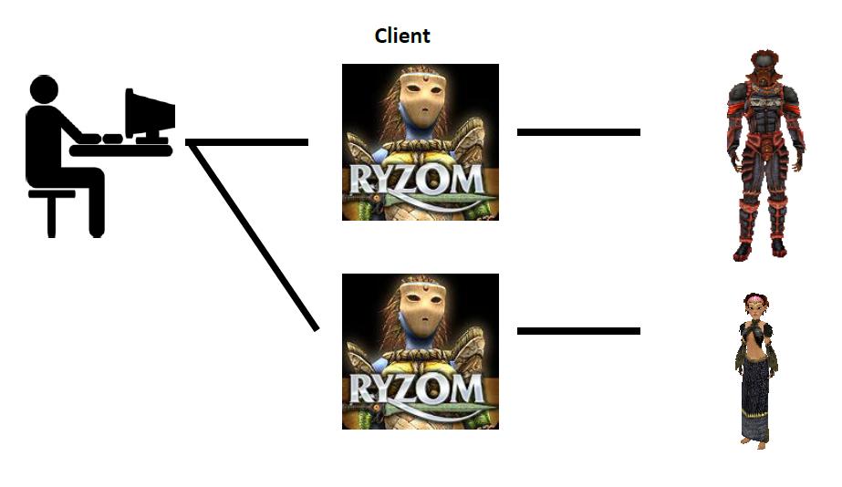 Figure 6. "Dual-boxing" or "multi-boxing" (second variant): the use of two (or more) game clients on one computer to control two (or more) characters simultaneously. Figure 6. "Dual-boxing" or "multi-boxing" (second variant): the use of two (or more) game clients on one computer to control two (or more) characters simultaneously.