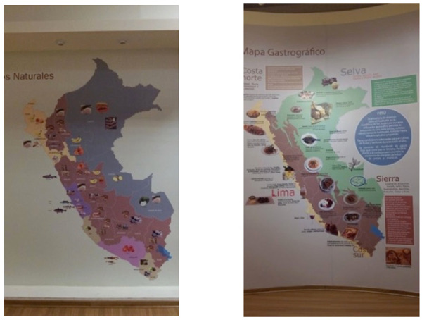 Figure 3. Displays at Peru’s gastronomy museum circa 2011, mapping Peru according to natural culinary resources (left) and typical dishes (right)