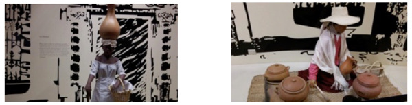 Figure 4. Mannequins at Peru’s gastronomy museum in 2011, illustrating typical saleswomen of beverages and desserts at the turn of the century. The accompanying text explicitly notes the typical race of each vendor.