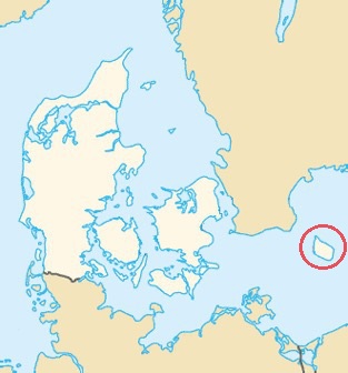 Figure 1. Map of Denmark (white), showing parts of Southern Sweden, Northern Germany, and North-Western Poland. Bornholm is the encircled island furthest to the east.