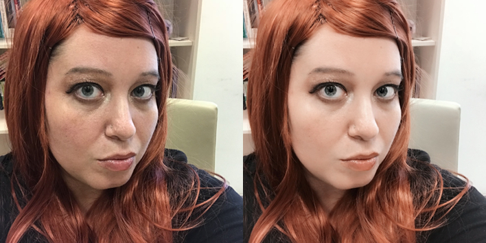 Figure 3. (left) A photo of the author taken in October 2017 with the Apple iPhone 7 camera, with no modifications. (right) The same photo, after “beautification” in Beauty Plus. Skin tone has been lightened and evened, skin texture has been smoothed, dark shadows have been removed from beneath the eyes, and the eyes have been brightened.