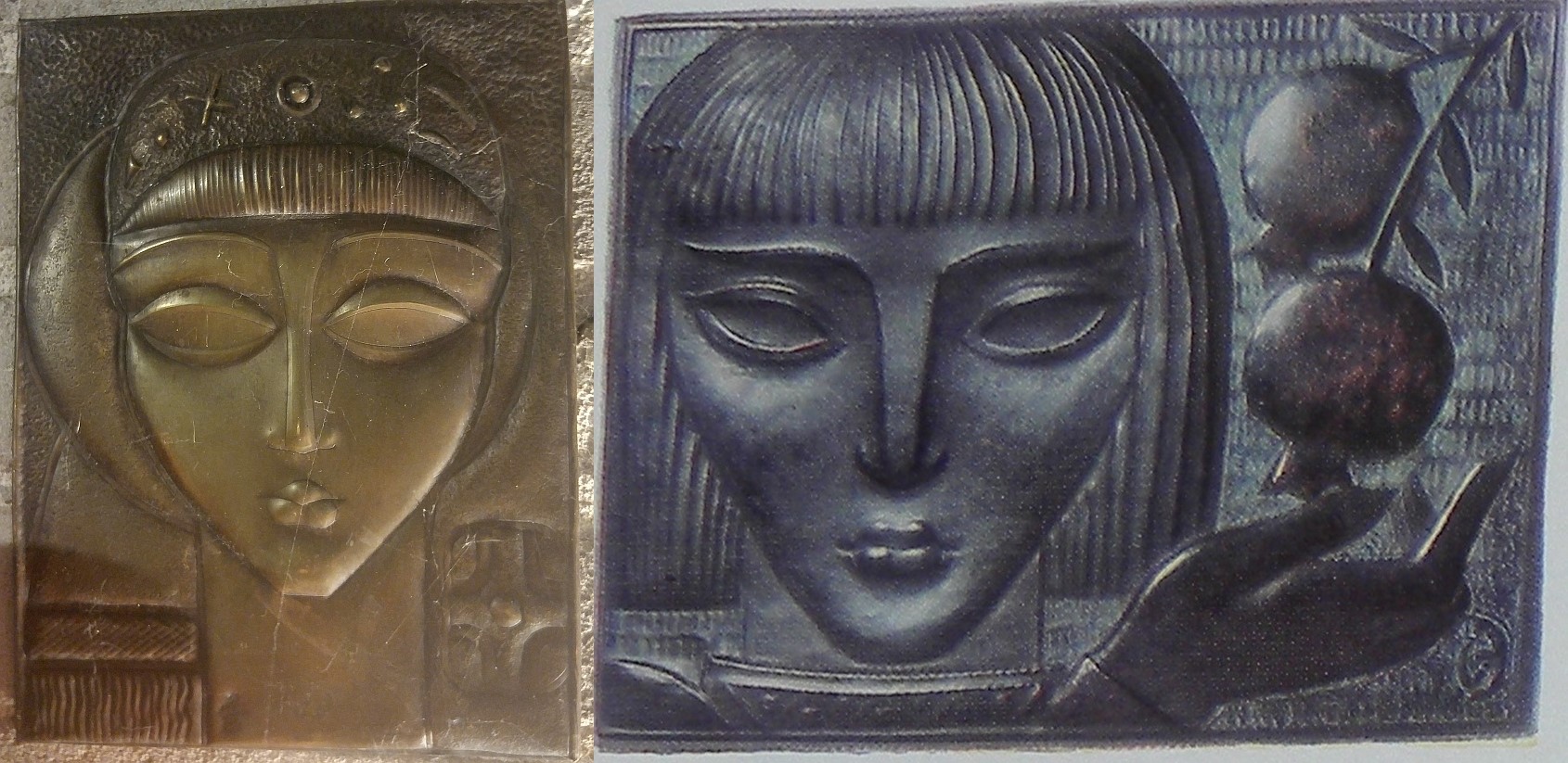 Figure 13. Front view: (Left) anonymous “Khevsur Girl” chekanka, (right) “Girl with Pomegranite” (I. D. Koiava 1965) (Author photo).