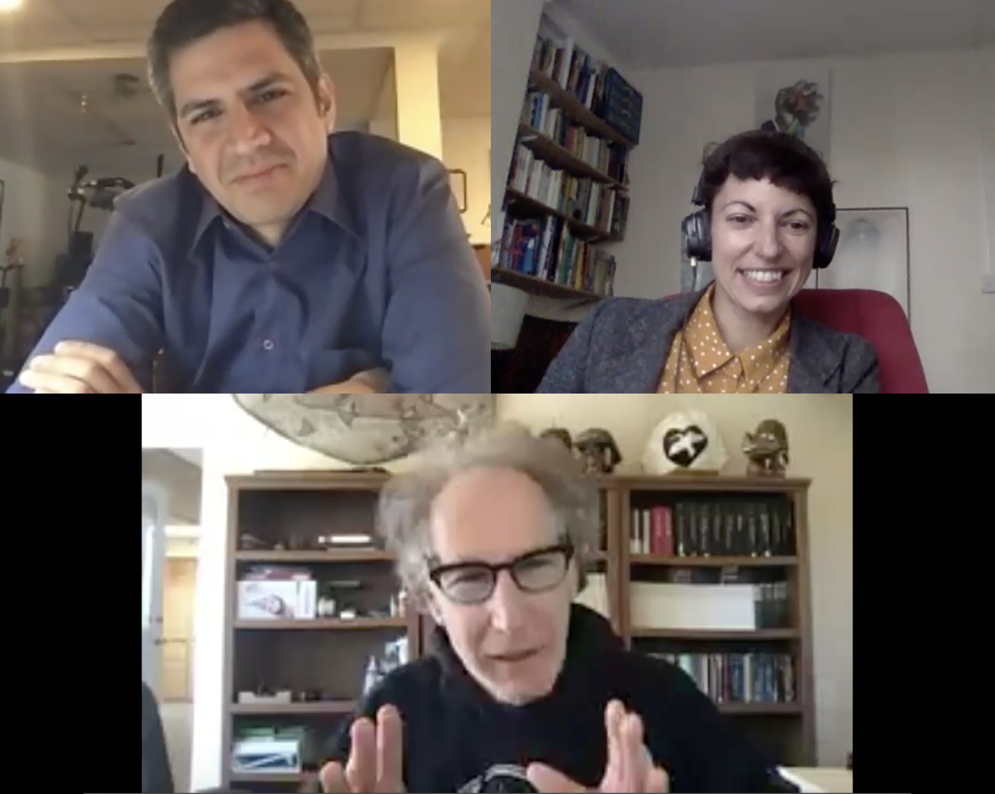 Figure 0. Costas Nakassis (CN; top-left), Meghanne Barker (MB; top-right), and Steven Feld (SF; bottom); 4 May 2020, online in Chicago, Illinois, Santa Fe, New Mexico, and London, England.