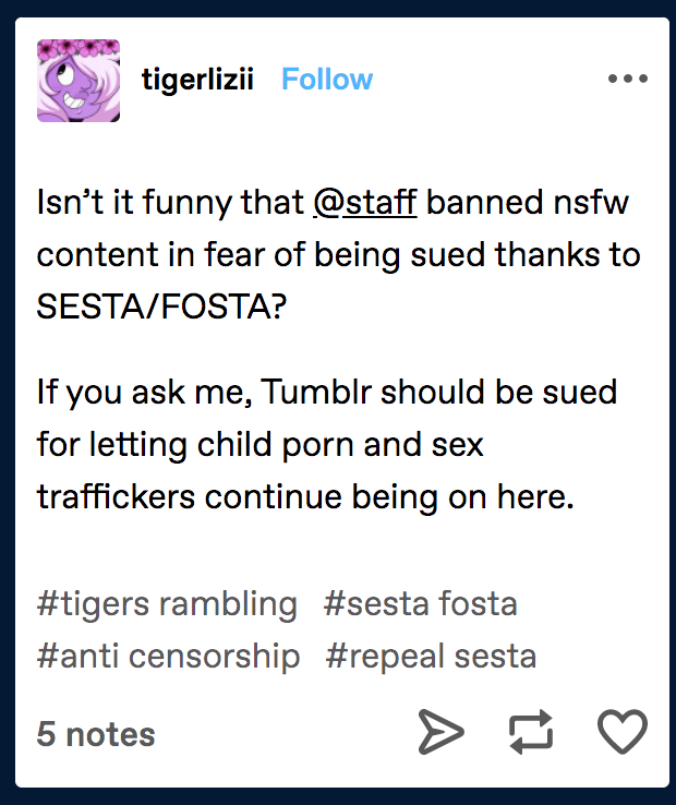Figure 5. Users in 5a and 5b cite SESTA-FOSTA as cause of Tumblr ban, and note its harms.