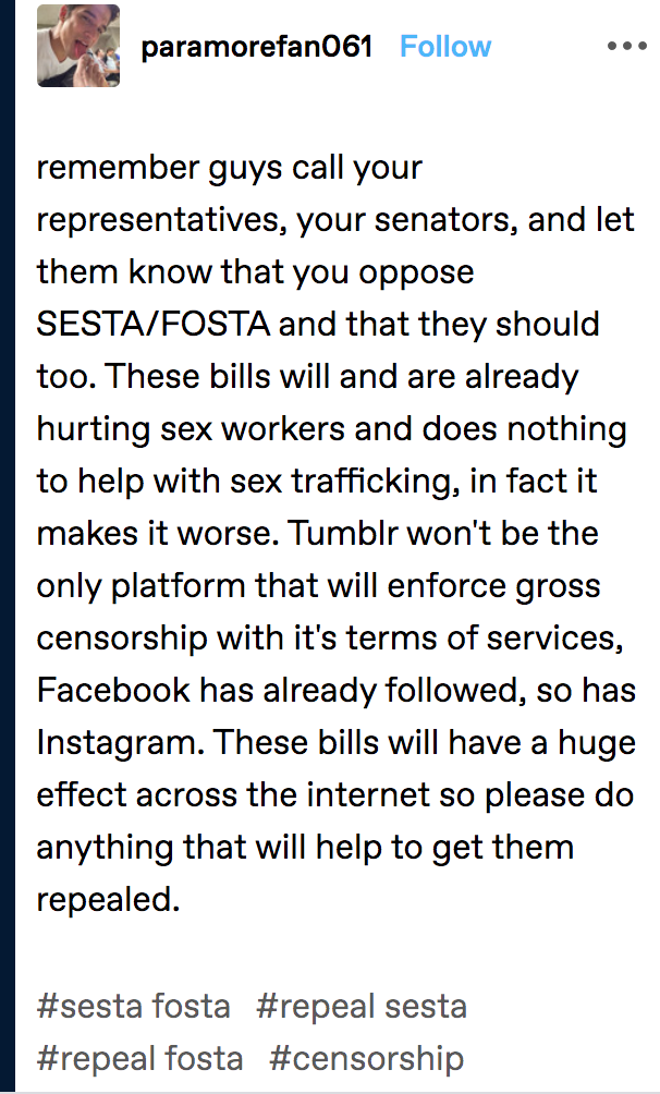 Figure 5. Users in 5a and 5b cite SESTA-FOSTA as cause of Tumblr ban, and note its harms.
