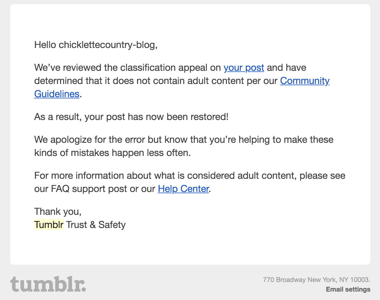 Figure 8. Content appeal on Tumblr: (8a) Original image posted; (8b) Image flagged; (8c) Tumblr’s response; (8d) Tumblr’s decision 