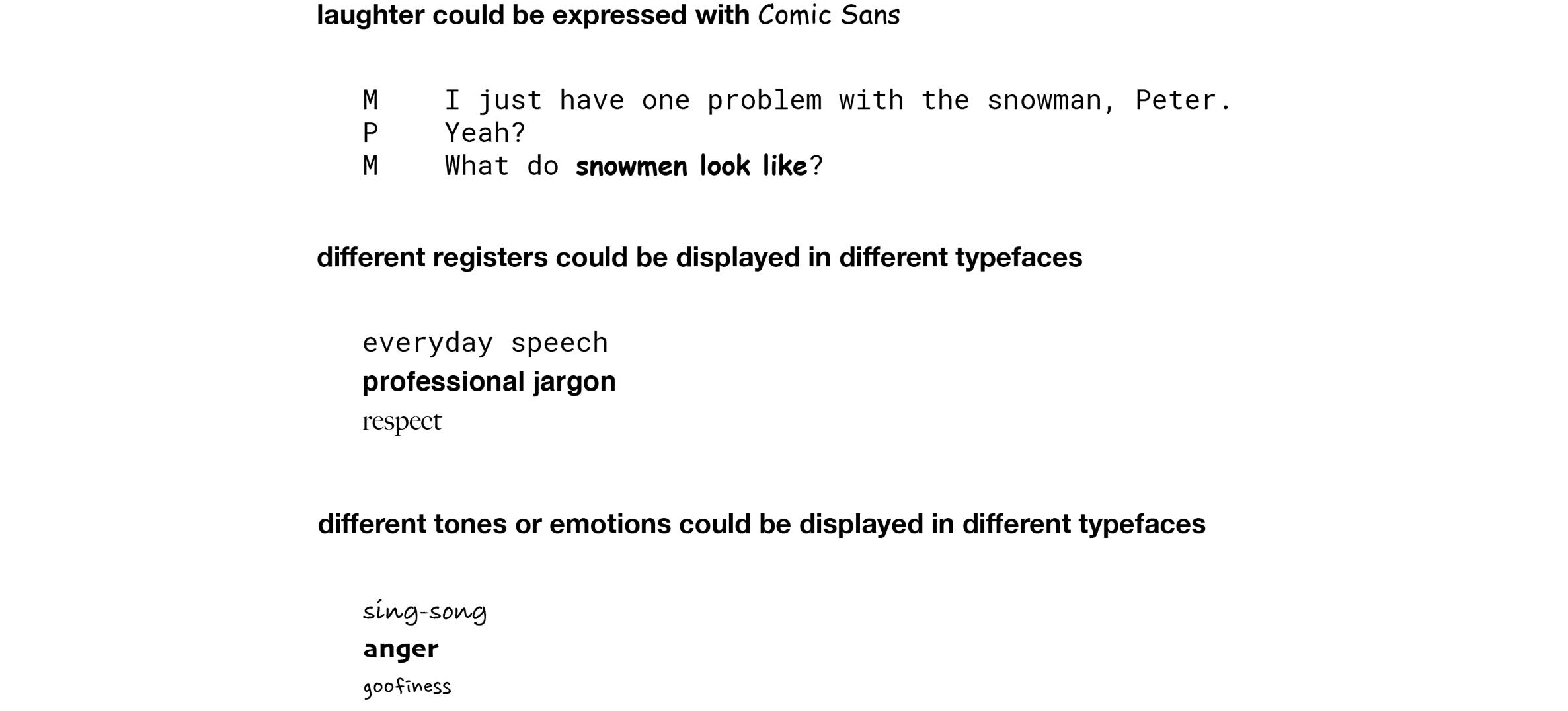 Example 4. Using different fonts to mark different aspects of transcribed discourse