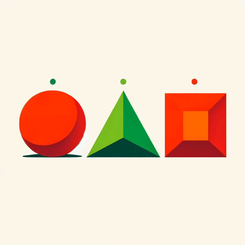 Figure 20. DALL•E. Output from the prompt: “a sequence of three two-dimensional geometric objects: a red circle, a green triangle and an orange square crossed horizontally by a white line,” April 2024.