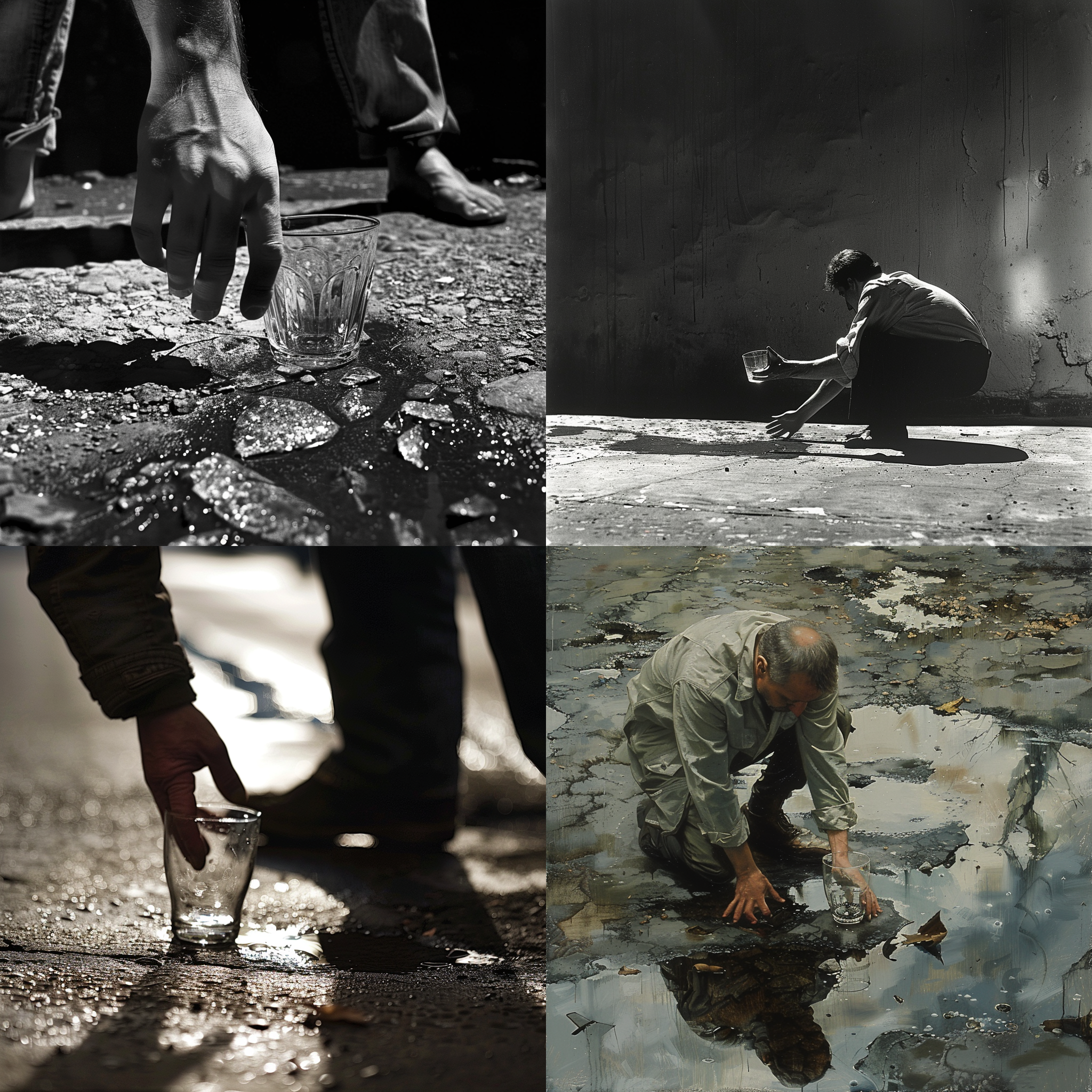Figure 45. Midjourney 6. Outputs from the prompt: “a man picks up a glass from the ground,” June 2024.