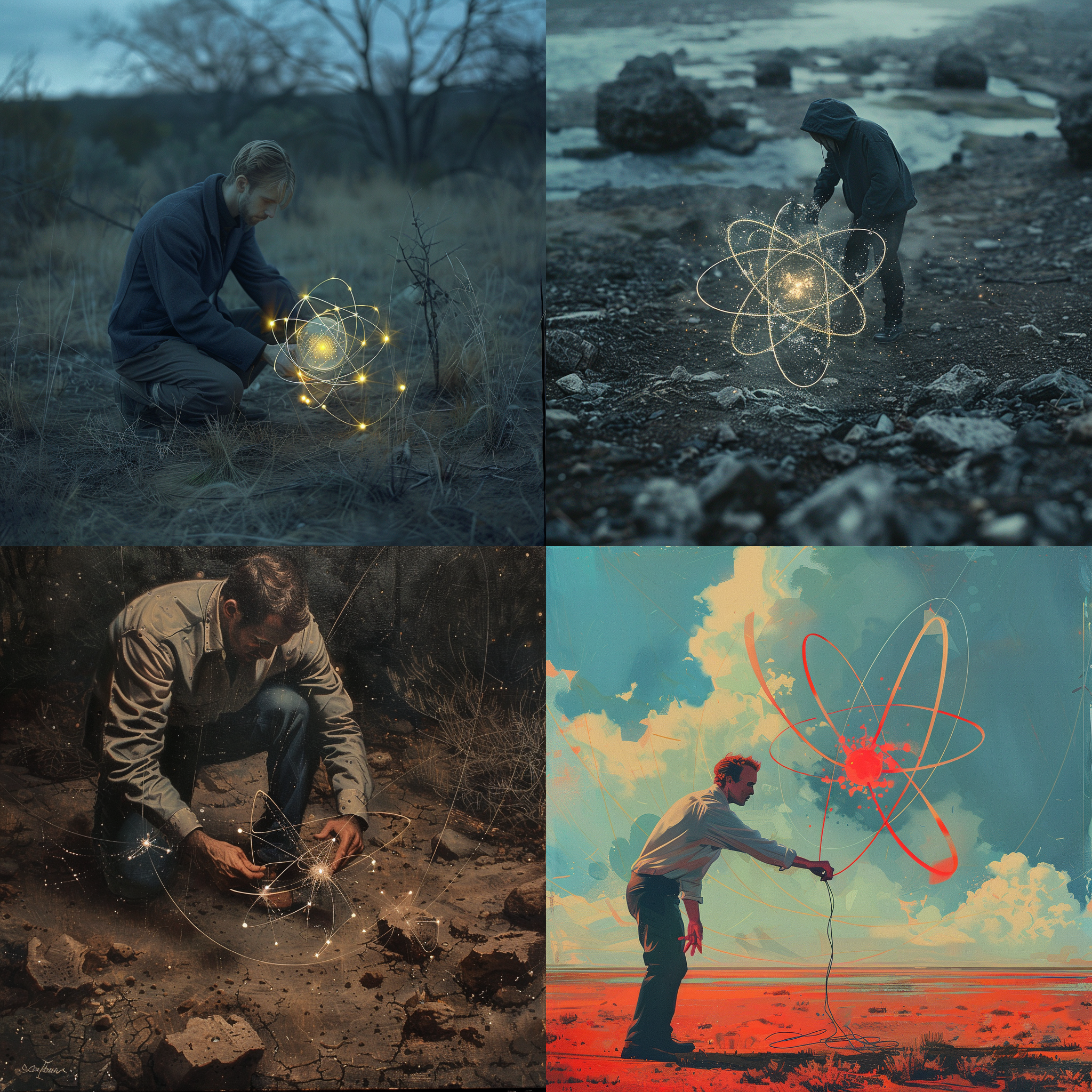 Figure 47. Midjourney 6. Outputs from the prompt: “a man picks up an atom from the ground,” June 2024.