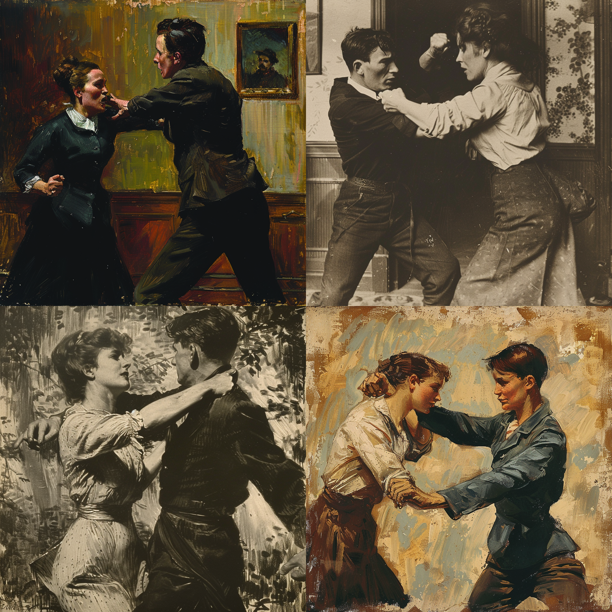 Figure 51. Midjourney 6. Outputs from the prompt: “a woman punches a man,” June 2024.
