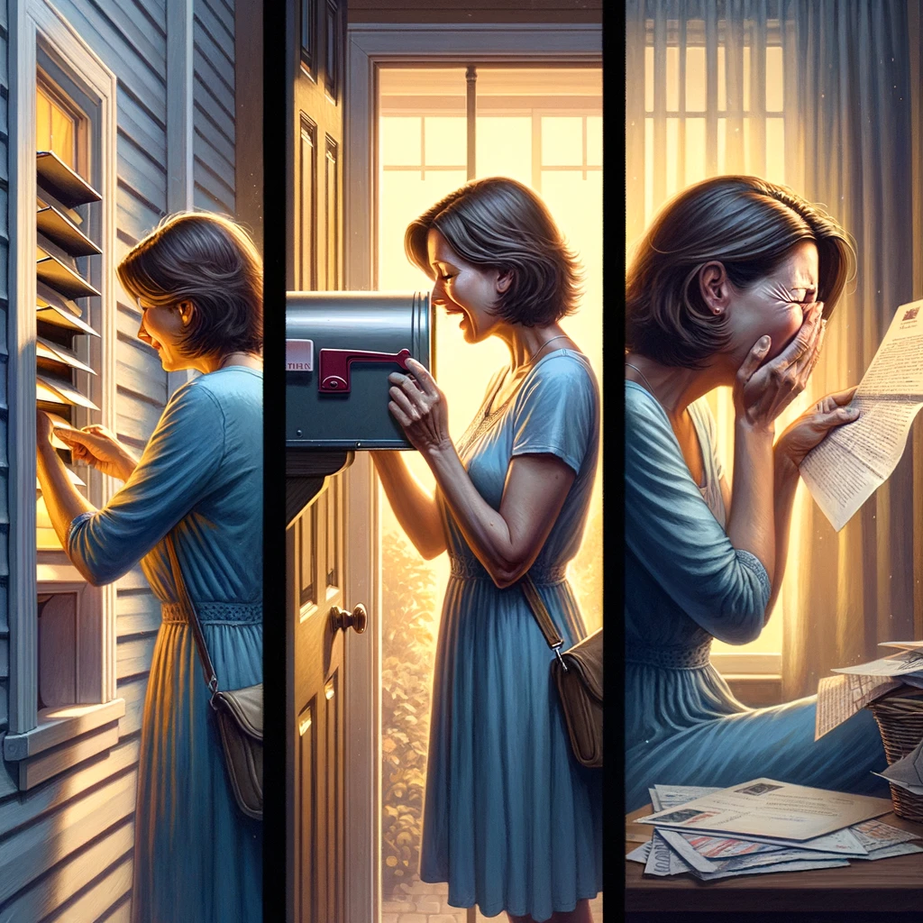 Figure 64. DALL•E. Output from the Prompt: “An image divided into three parts. In the first part of the image a woman takes a letter. In the second part of the image the woman reads the letter. In the third part of the image the woman cries with joy,” April 2024.