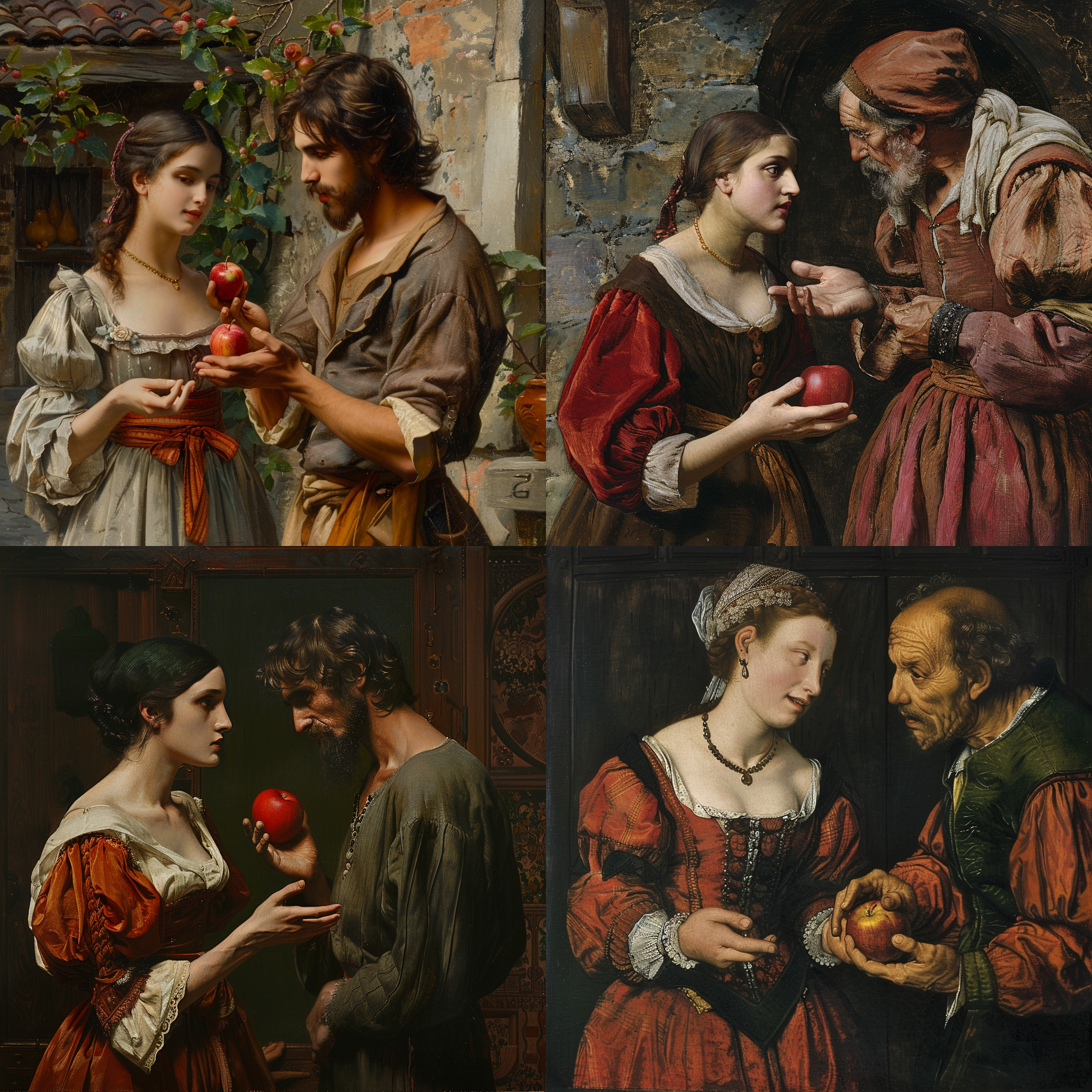 Figure 72. Midjourney 6. Outputs from the prompt: “a woman refuses an apple offered to her by a man,” May 2024.