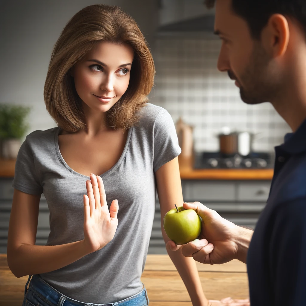 Figure 75. DALL•E. Output from the prompt: “photographic image of a woman refusing an apple offered to her by a man,” May 2024
