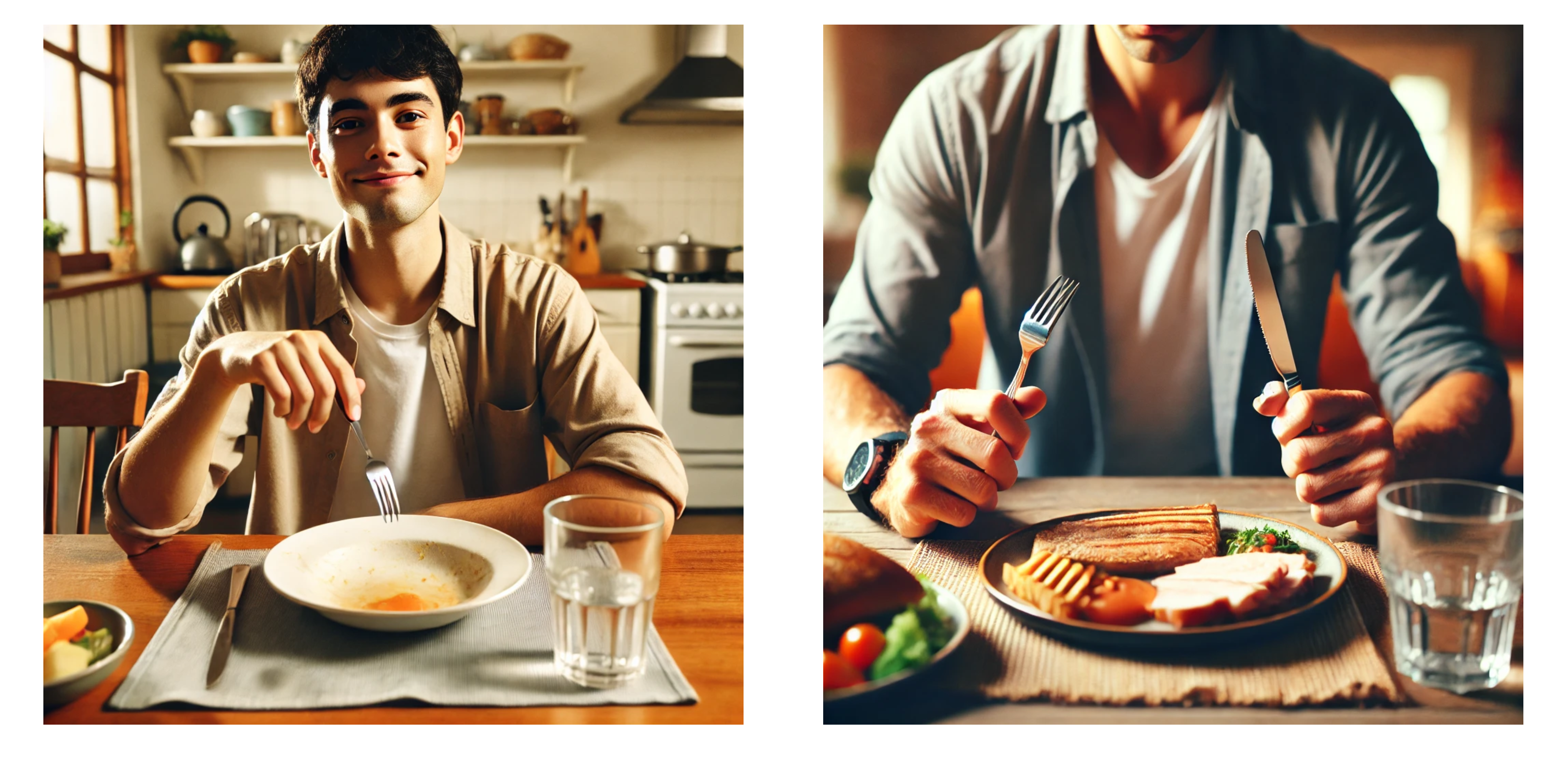 Figures 59-60. DALL•E. Output from the prompts: “a person has finished eating a meal” (left), “a person about to start eating a meal” (right), July 2024.