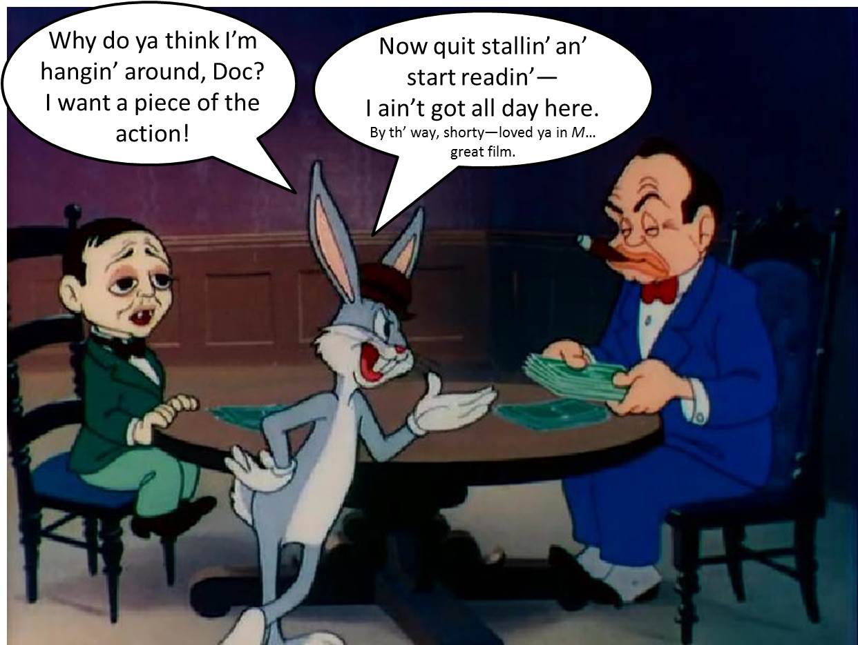 Figure 1. The author’s fanciful rendering of Bugs Bunny’s possible answer to the question in the title. Image taken from Racketeer Rabbit (1946), which features Bugs alongside caricatures of his fellow Warner Brothers stars Peter Lorre (L) and Edward G. Robinson (R).