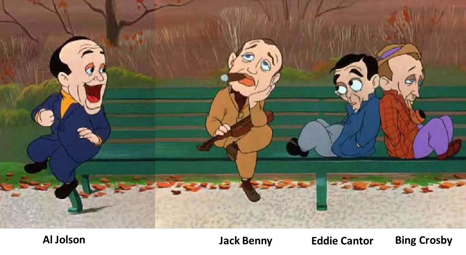 Figure 3. An image cobbled together by the author for use in classroom lectures, showing Al Jolson, Jack Benny, Eddie Cantor and Bing Crosby, as portrayed in the Bugs Bunny cartoon What’s Up Doc? (1950).