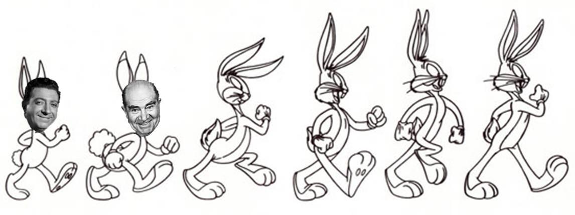 Figure 4. An adaptation of the “Evolution of Bugs Bunny” graphic, showing two putative ancestors of Bugs’ voice, Frank McHugh (extreme L) and Edward Brophy (second from L).