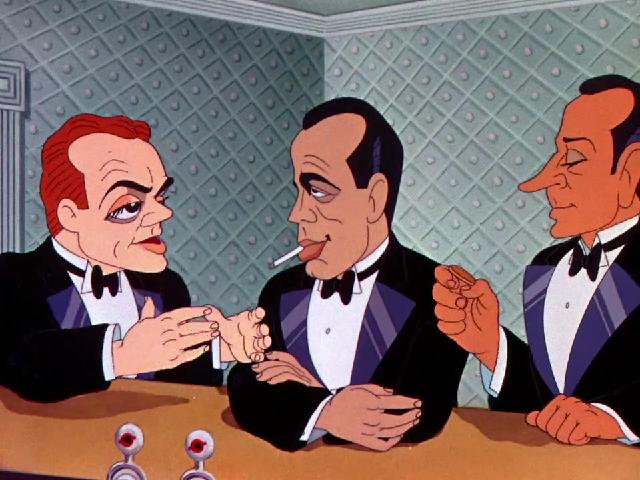 Figure 7. Caricatures of (L to R) James Cagney, Humphrey Bogart and George Raft from the 1941 Warner Brothers cartoon Hollywood Steps Out. The quote in the title of this section is not from this film, but from French Rarebit, a 1951 Bugs Bunny short in which neither Bogie nor an impersonation of him is featured.