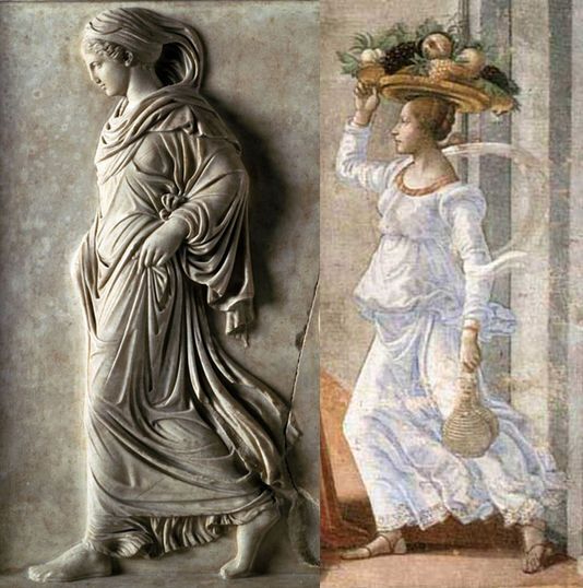  Figure 3. Comparison between a nymph figure and the servant in <em>Birth of the Baptist</em>