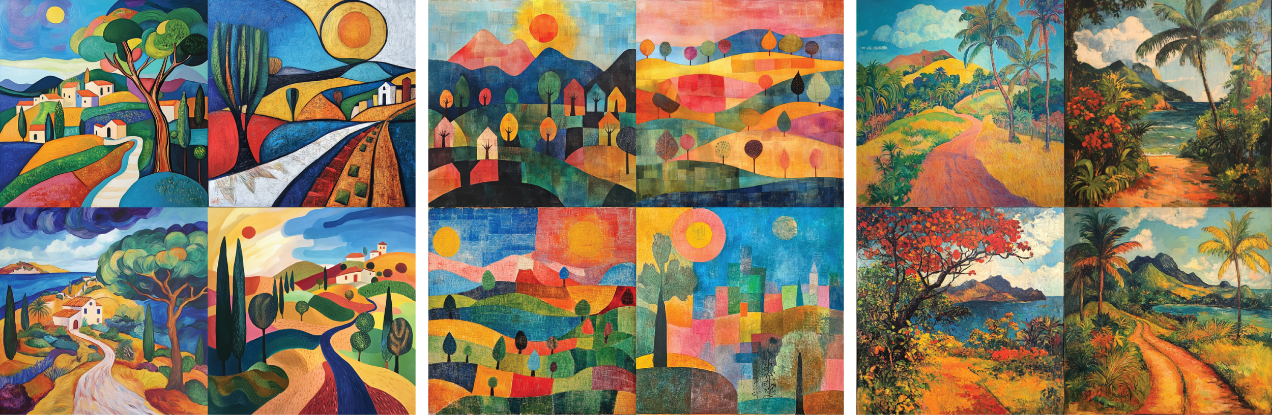  Figure 8. Prompts to Midjourney by author and colleagues in 2024: Left – “A landscape in Picasso’s style”; center – “A landscape in Paul Klee’s style”; right – “A landscape in Gauguin’s style”