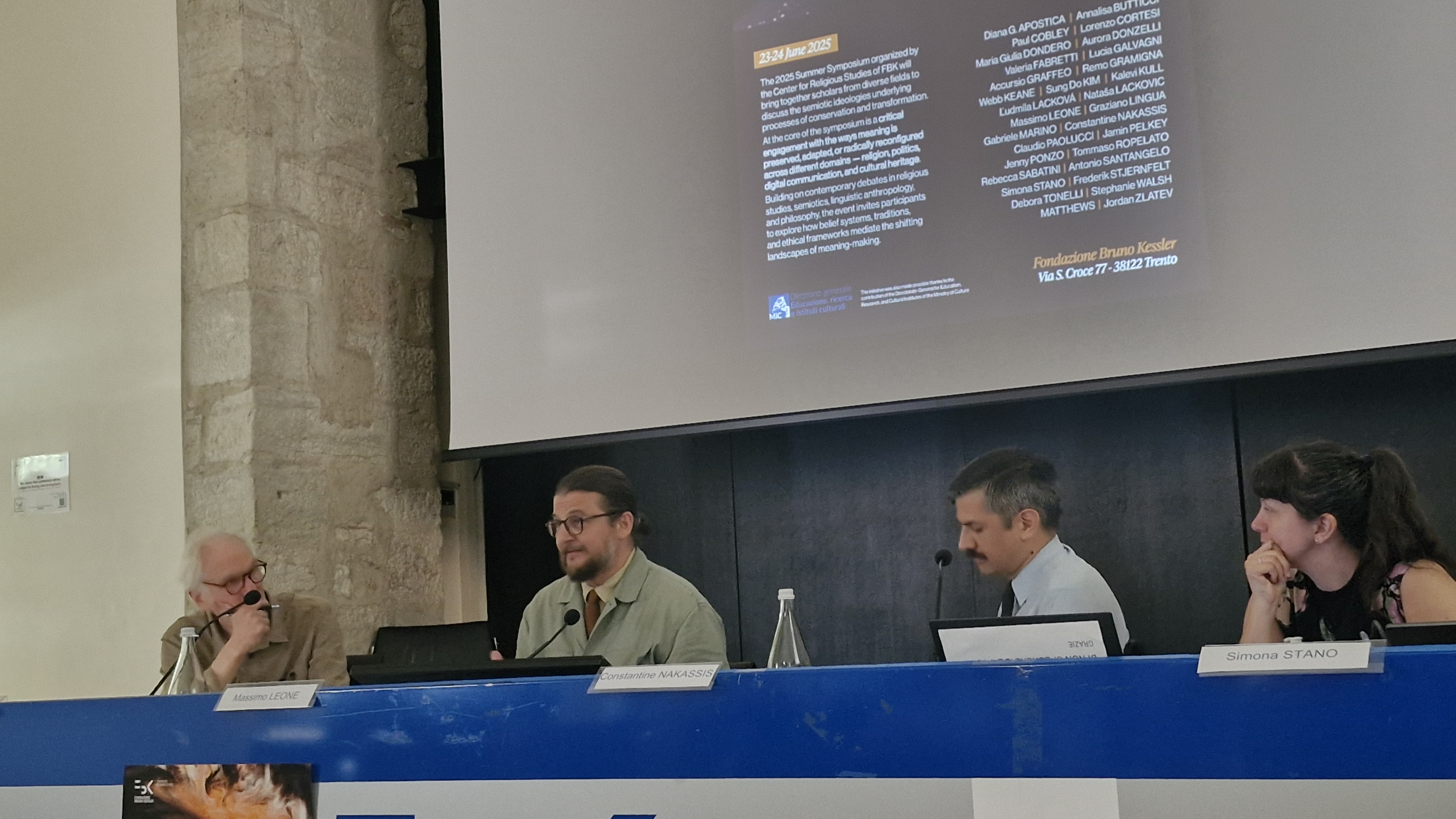 Four speakers at a table: Webb Keane, Massimo Leone, Constantine V. Nakassis, and Simon Stano